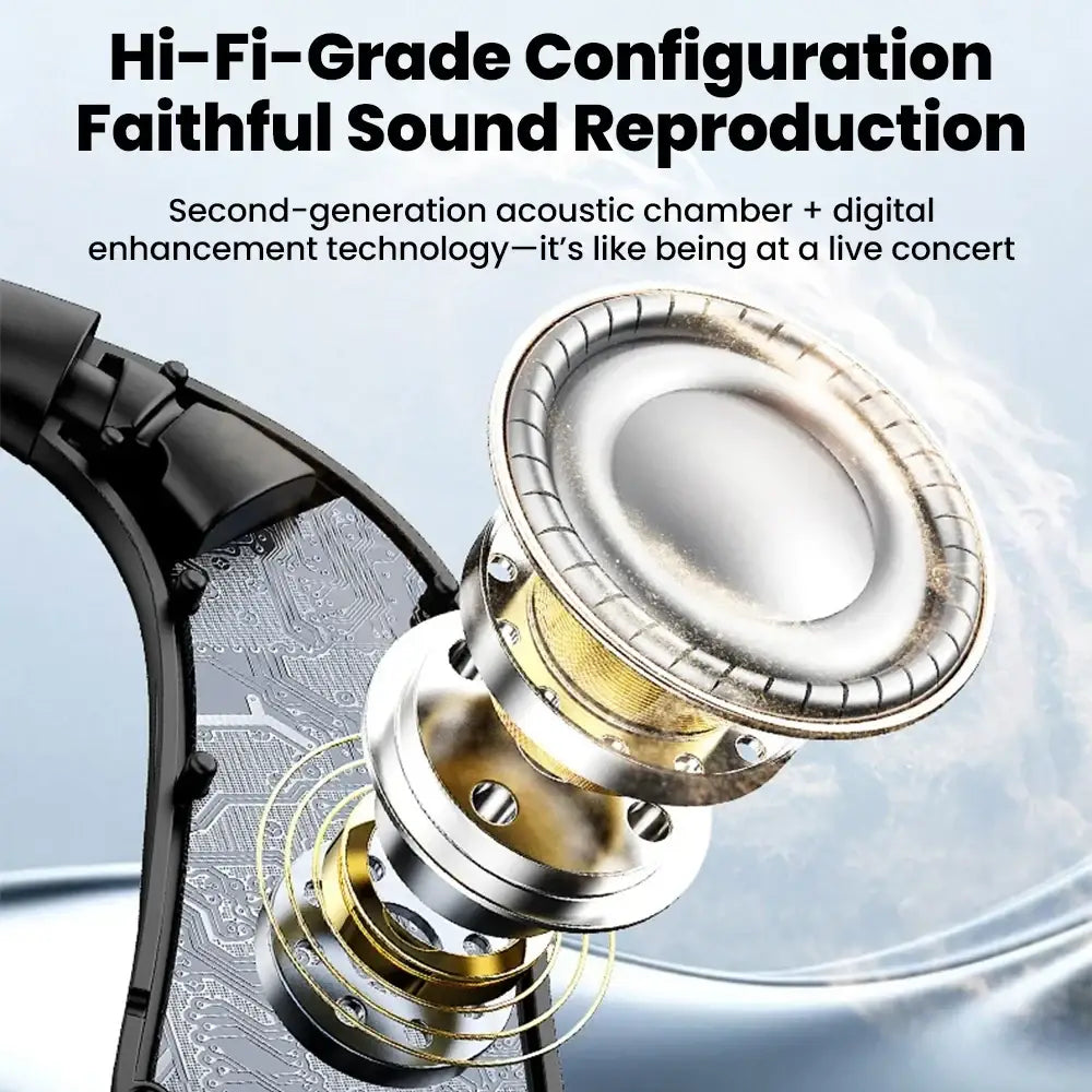Wired open ear headphones with volume control featuring sleek black and metallic silver hi-fi wireless earbuds