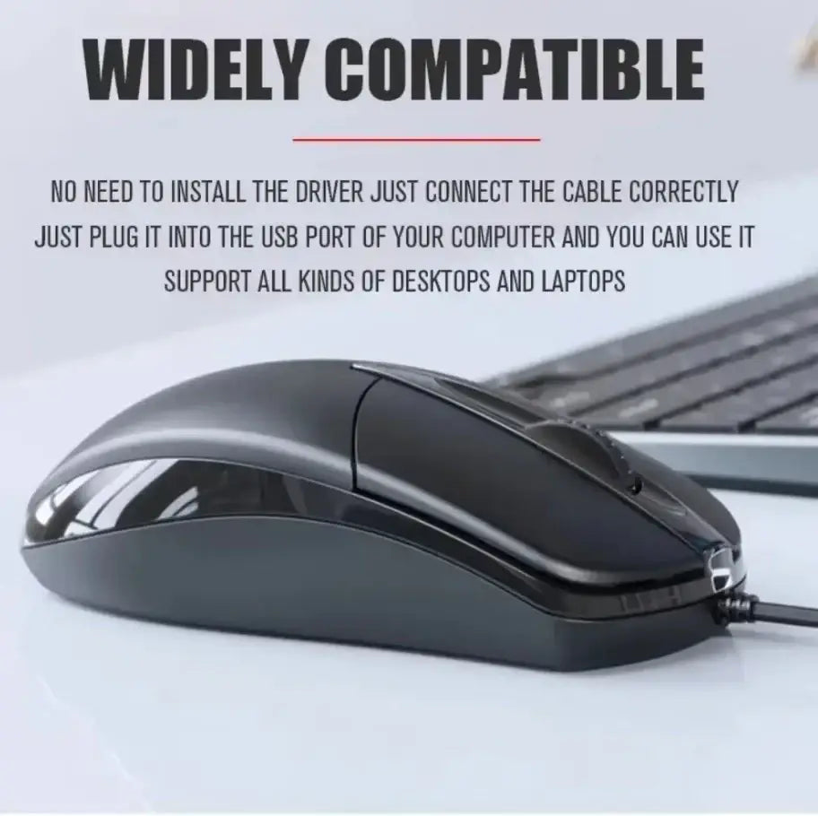Black wired optical mouse with 1200dpi ergonomic design and glossy finish for precise wired connection use