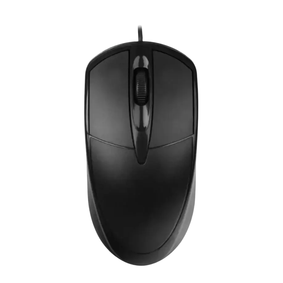 Black wired optical mouse with ergonomic design and glossy finish featuring a wired connection and 1200dpi precision