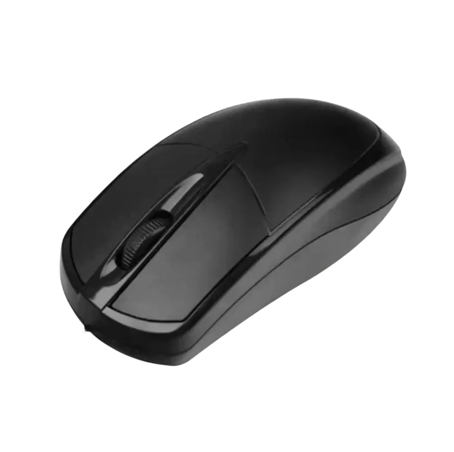 Black wired optical mouse with 1200dpi sensitivity, glossy finish, and ergonomic design for comfortable use