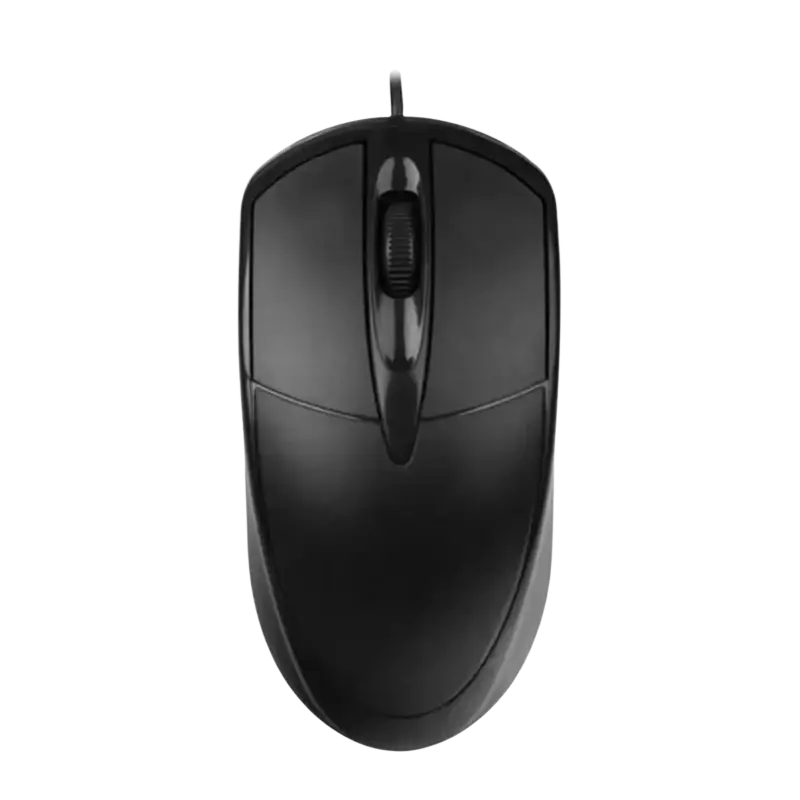 Black wired optical mouse with ergonomic design and glossy finish featuring a wired connection for precise control