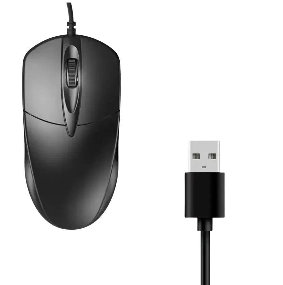 Black wired optical mouse with ergonomic design and 1200dpi optical tracking for precise office use