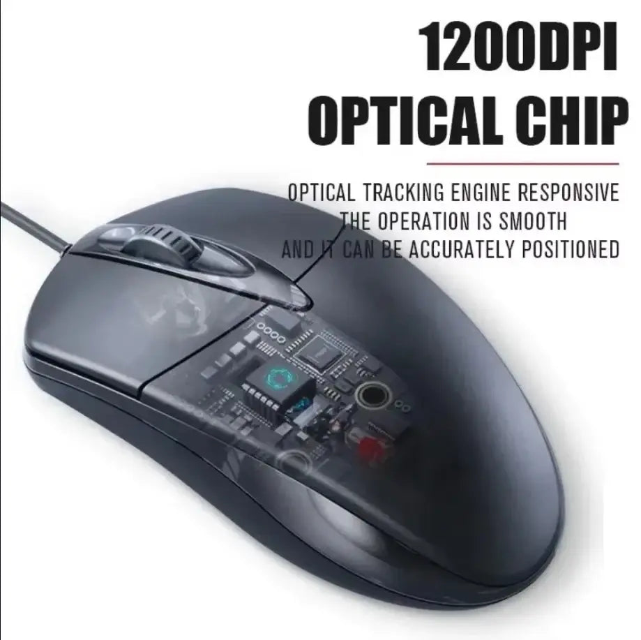 Black wired optical mouse with transparent side panel showing internal 1200dpi optical chip and circuitry