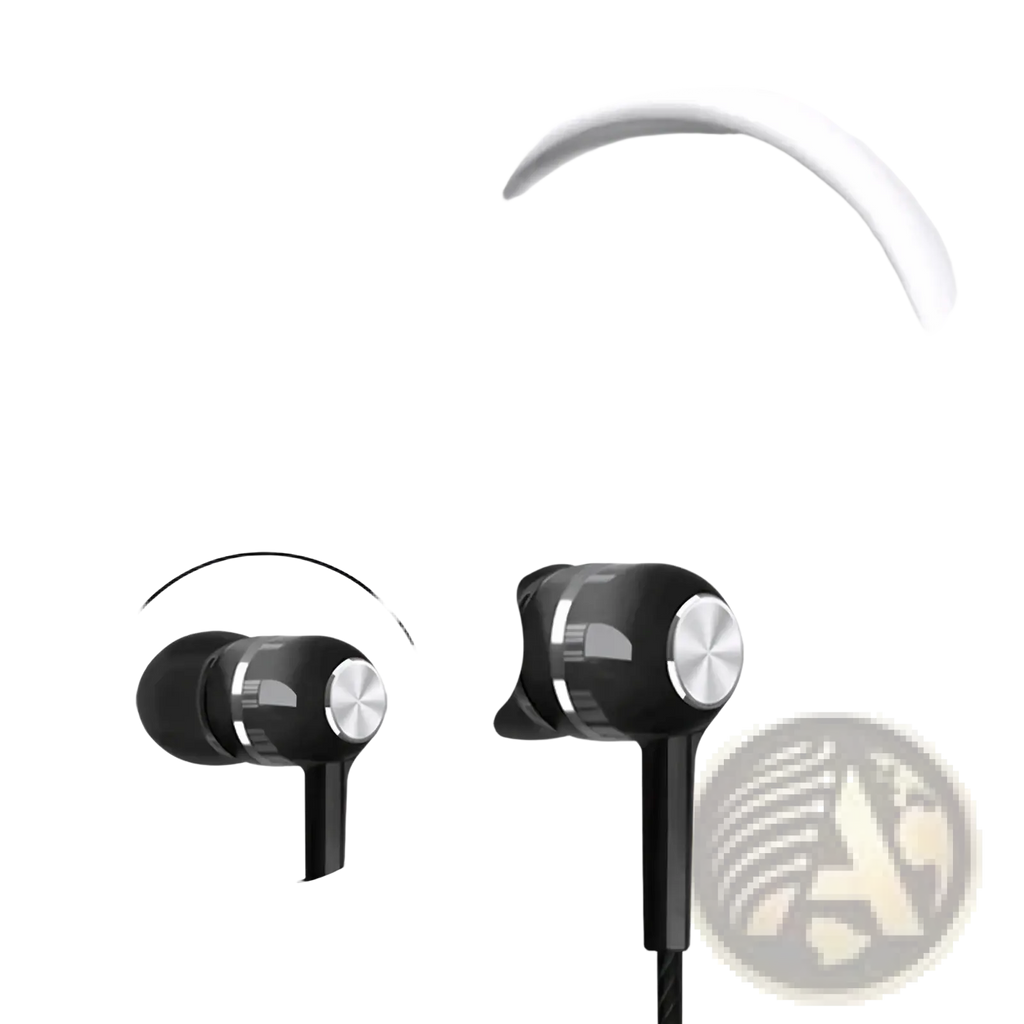Black wired sport earbuds with 3.5mm jack and mic featuring silver metallic accent on in-ear headphones