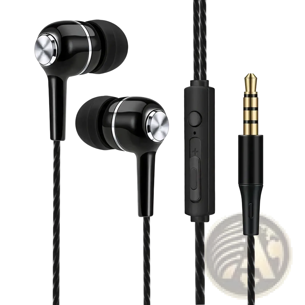 Black wired sport earbuds 3.5mm with mic featuring silver metallic accents, braided cable, and inline control module