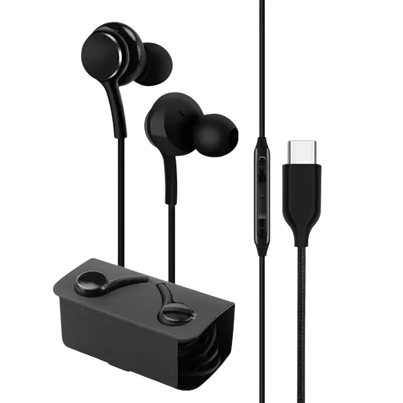 Black wired in-ear headphones with type-c cable and matching black charging case for convenient use
