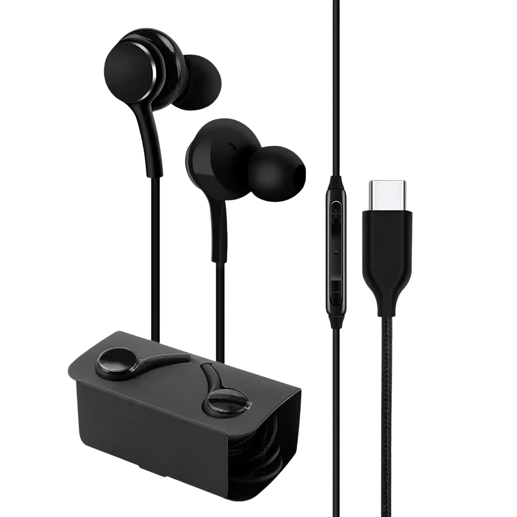 Black wired in-ear headphones with type-c cable and matching charging case for high-quality audio use