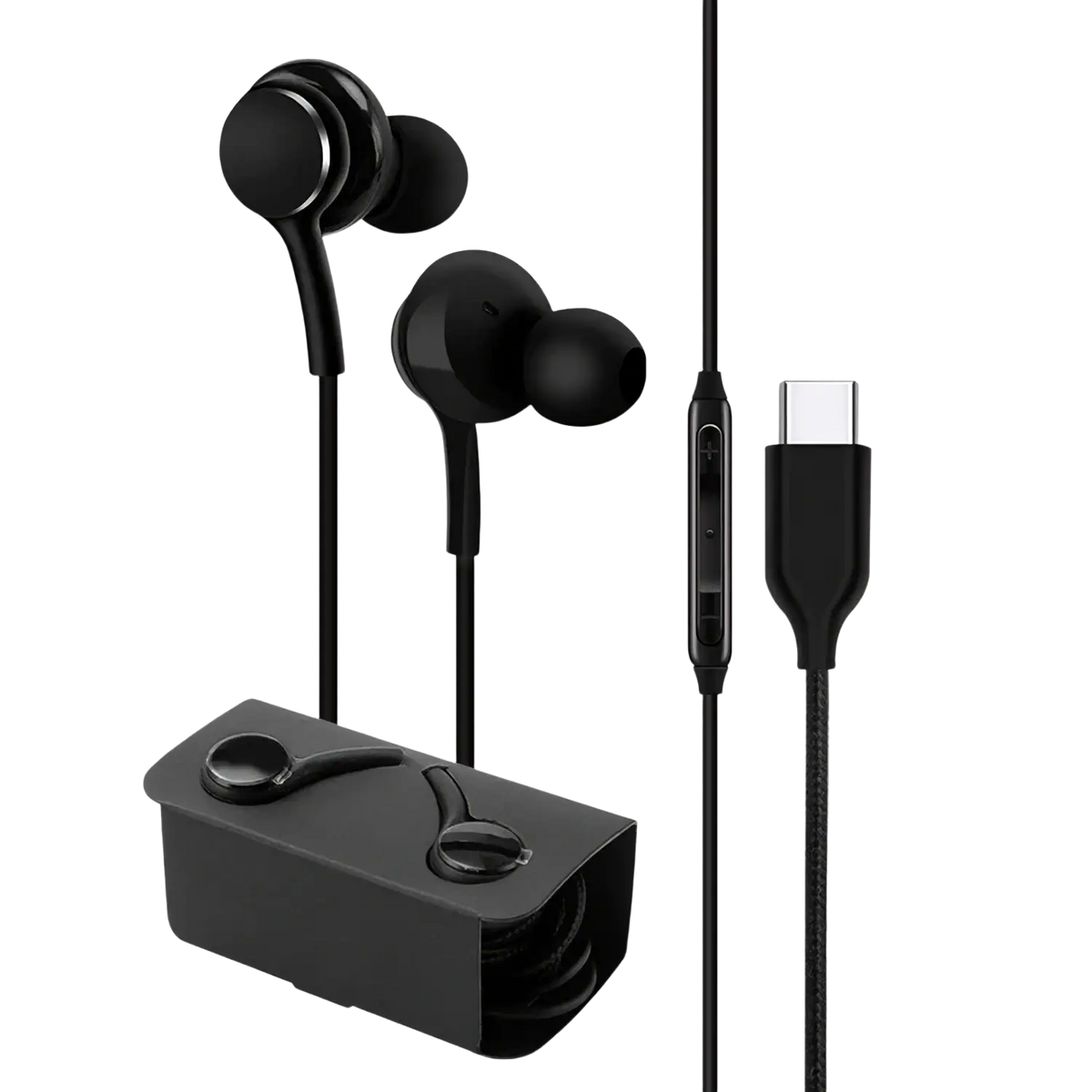 Black wired in-ear headphones with type-c cable and matching charging case for high-quality audio use