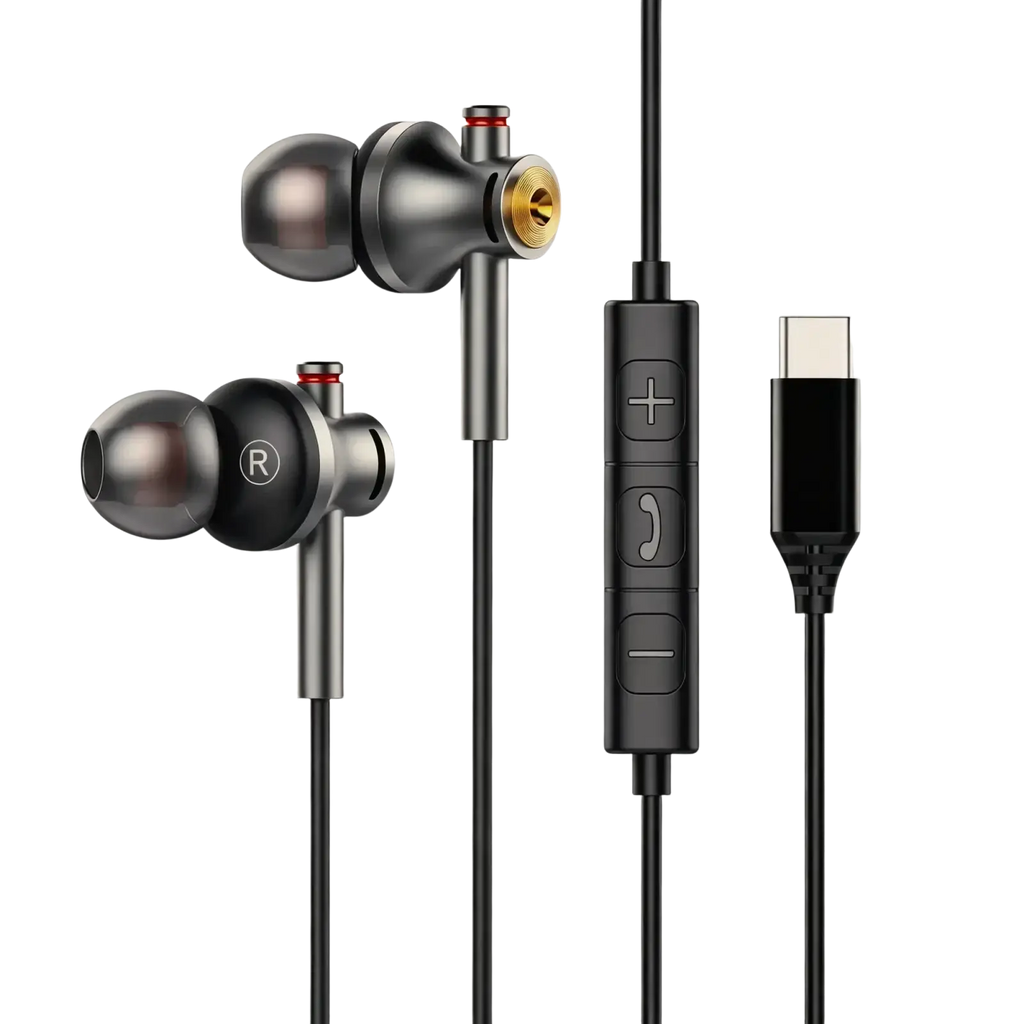 Black and gold inlaid wired usb-c in-ear gaming headphones with sleek metallic finish and inline control module