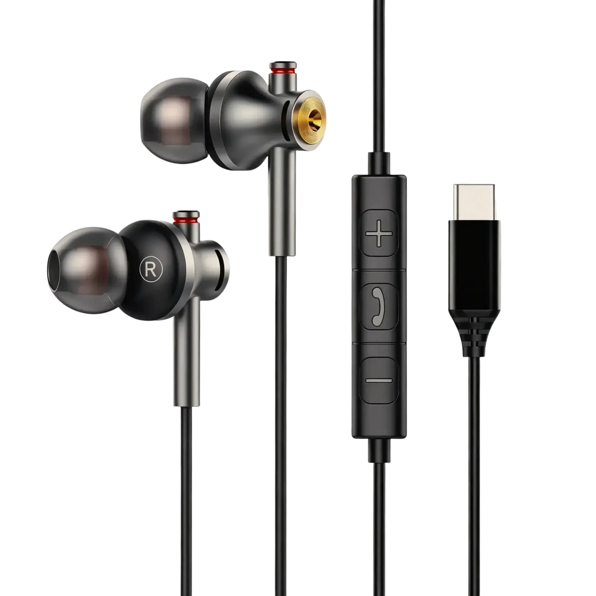 Black and gold inlaid wired usb-c in-ear gaming headphones with sleek metallic finish and inline control module