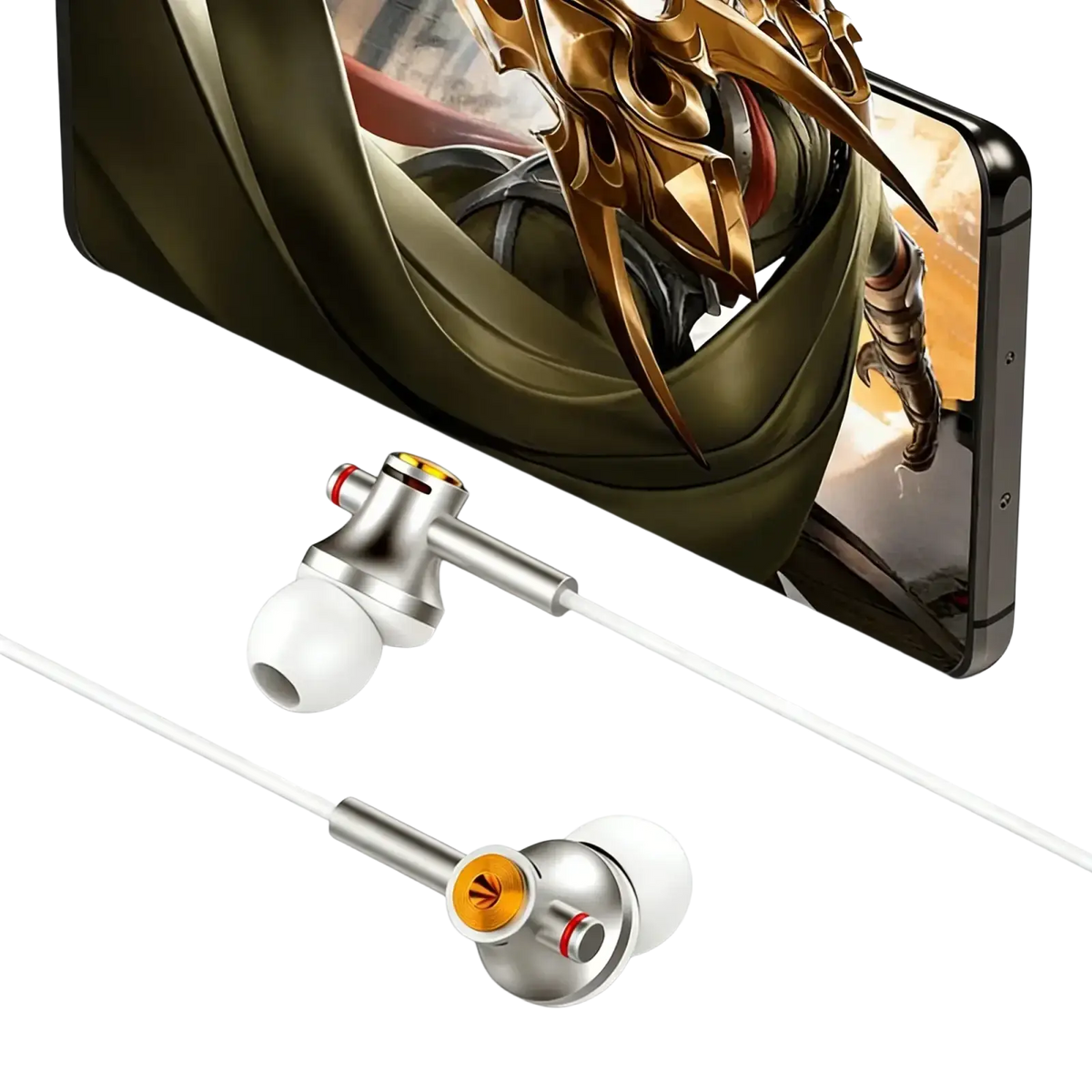 Silver wired usb-c in-ear gaming headphones with white ear tips and gold-accented detailing for immersive play