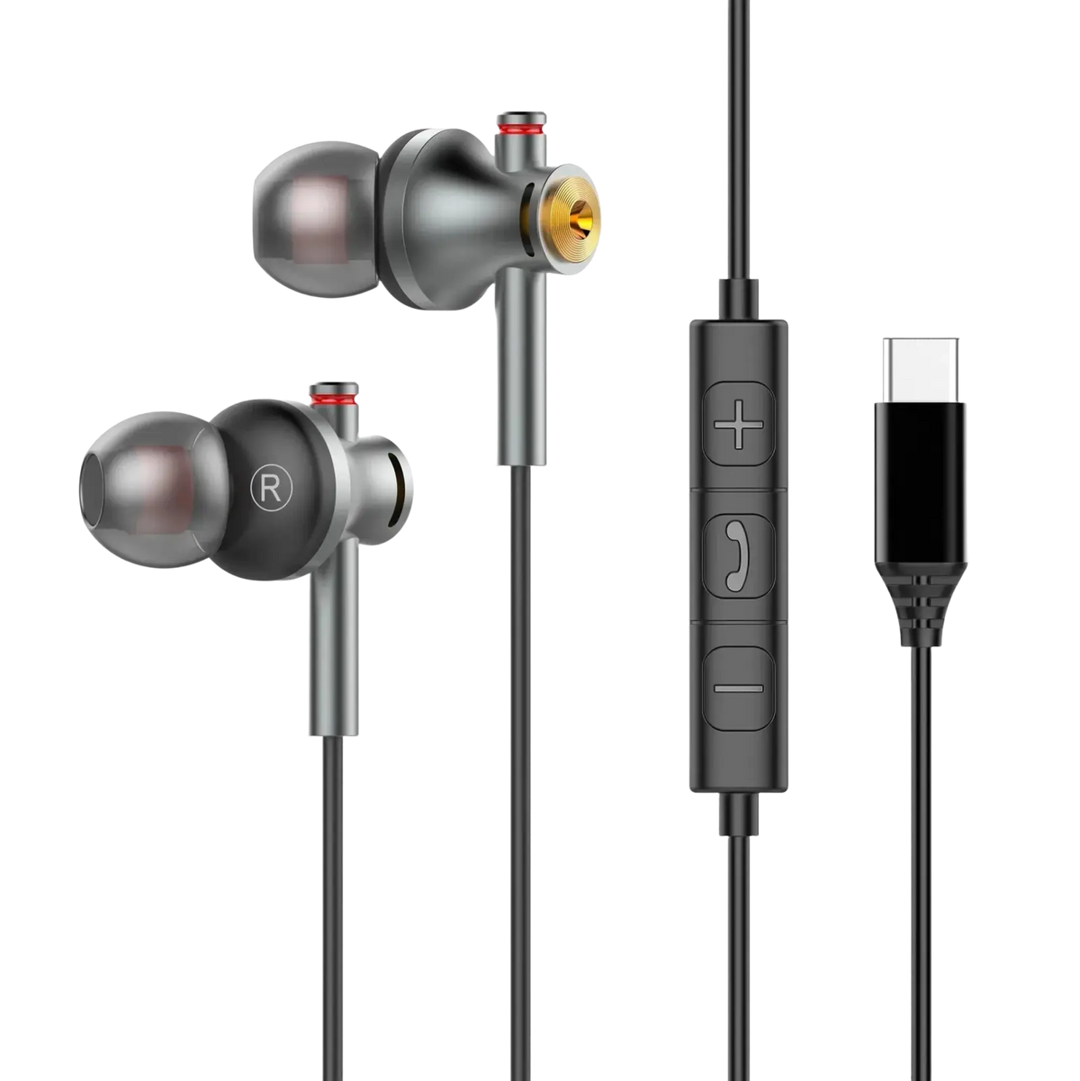 Wired USB-C in-ear gaming headphones with silver and black metallic finish and gold-accented earpieces and inline control