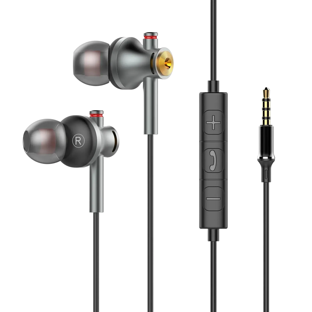 Wired usb-c in-ear gaming headphones in silver and black with gold accents and a central control module for calls and volume