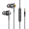 Wired usb-c in-ear gaming headphones in silver and black with gold accents and a central control module for calls and volume