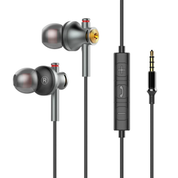 Wired usb-c in-ear gaming headphones in silver and black with gold accents and a central control module for calls and volume