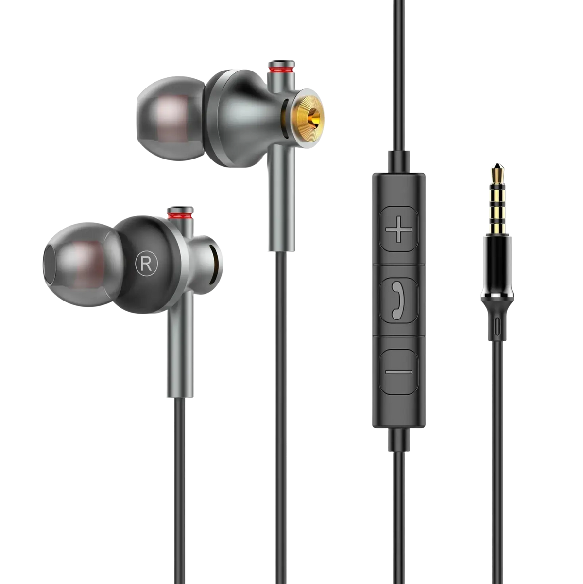 Wired usb-c in-ear gaming headphones in silver and black with gold accents and a central control module for calls and volume