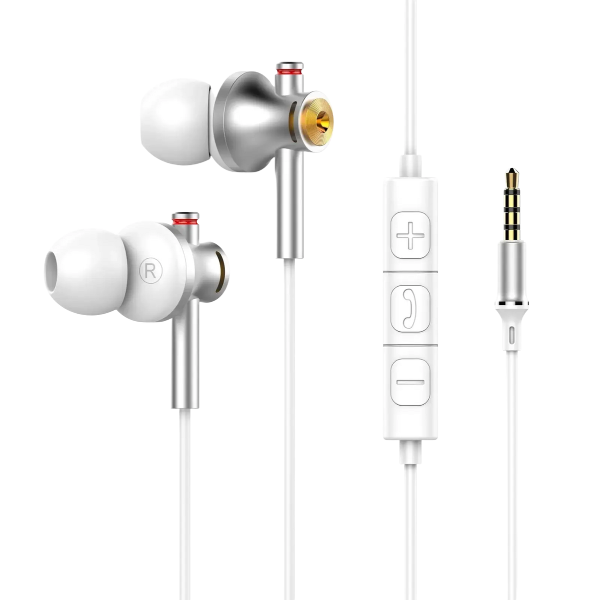 Wired usb-c in-ear gaming headphones in silver and white with gold accents and inline control module for volume and calls