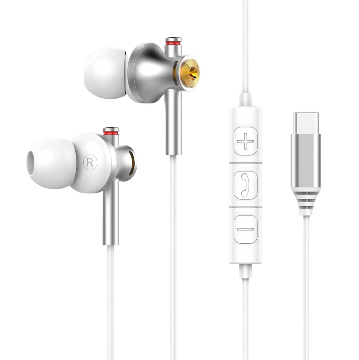 Silver and white wired usb-c in-ear gaming headphones with gold accent earpieces and inline control module
