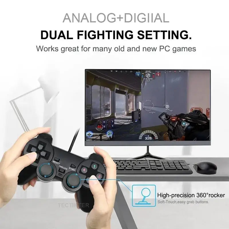 Black wired usb pc game controller with analog sticks and directional pad supports steam games and large 3d games