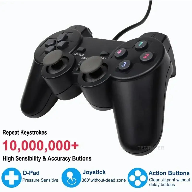 Black plastic wired usb pc game controller with numbered buttons and dual analog sticks support steam and large 3d games