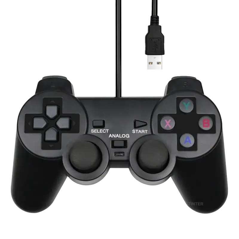 Black wired USB PC game controller with colorful buttons and analog sticks support steam and large 3d games