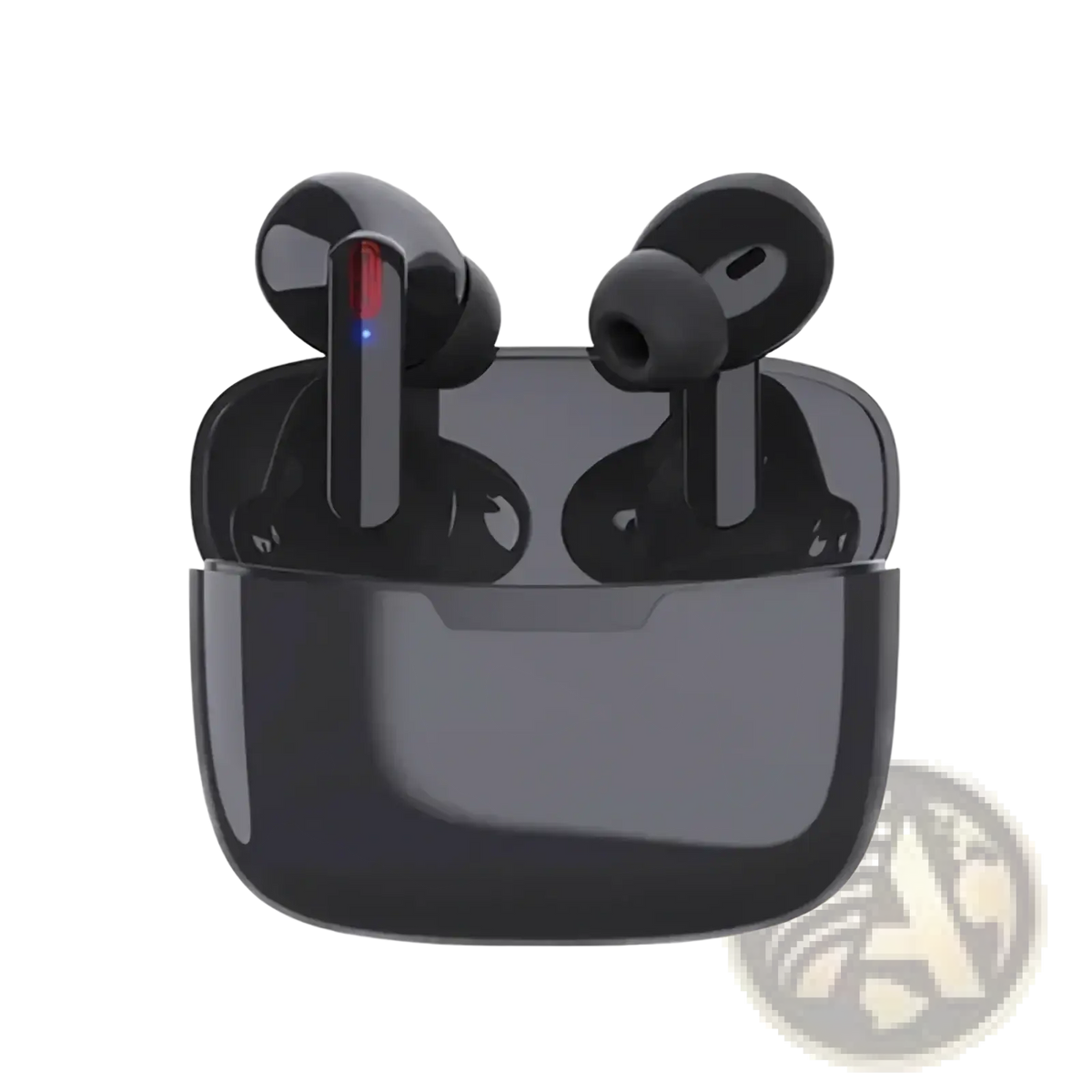 Black wireless anc bluetooth earbuds air pro with glossy finish in charging case with red and blue light indicator