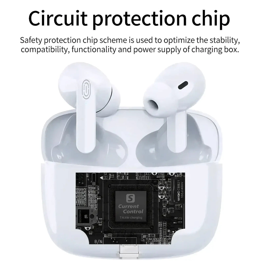 White wireless anc bluetooth earbuds air pro with matching charging case featuring integrated circuit protection chip for safety