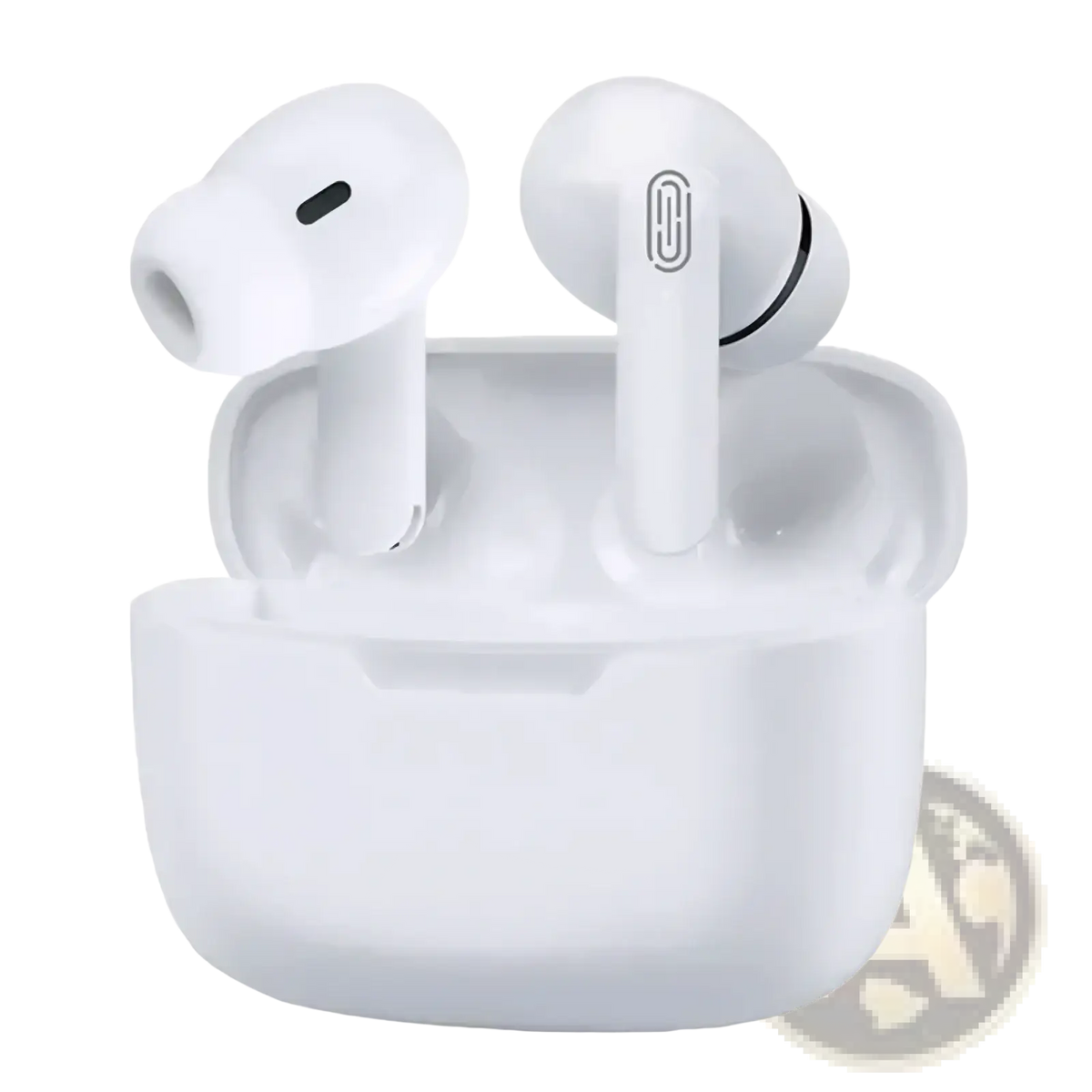 White wireless anc bluetooth earbuds air pro with a sleek glossy finish and minimalist design in matching charging case