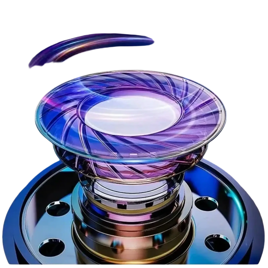 Wireless anc bluetooth earbuds featuring a sleek multi-layered speaker driver with transparent dome and vibrant iridescent rings