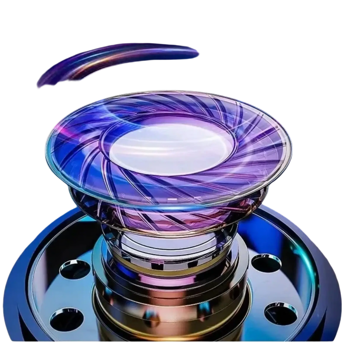 Wireless anc bluetooth earbuds featuring a sleek multi-layered speaker driver with transparent dome and vibrant iridescent rings