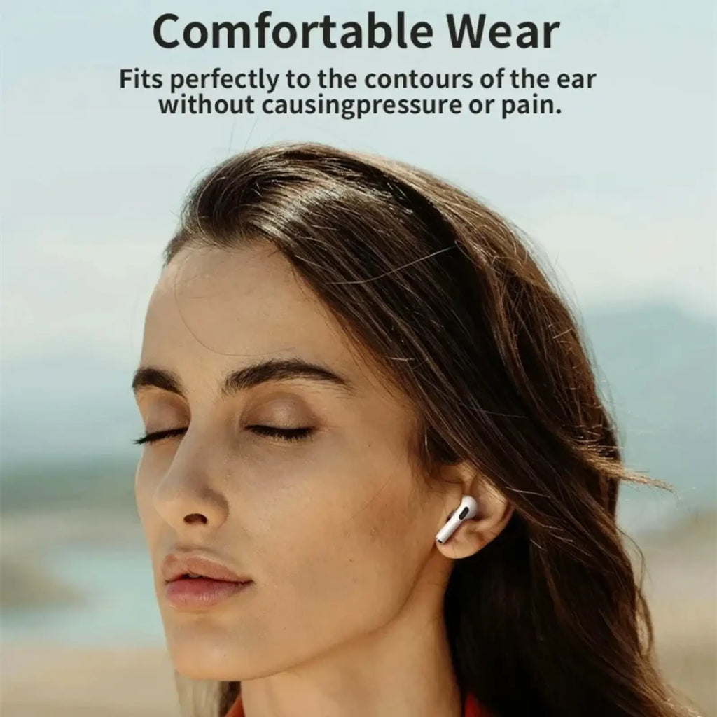 White wireless ANC Bluetooth earbud with sleek minimalist design worn in the ear for hands-free audio use