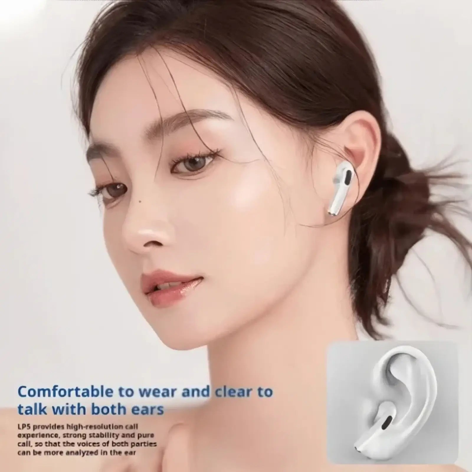 Wireless anc bluetooth earbud in white with sleek minimalist design and small black accent on the outer shell