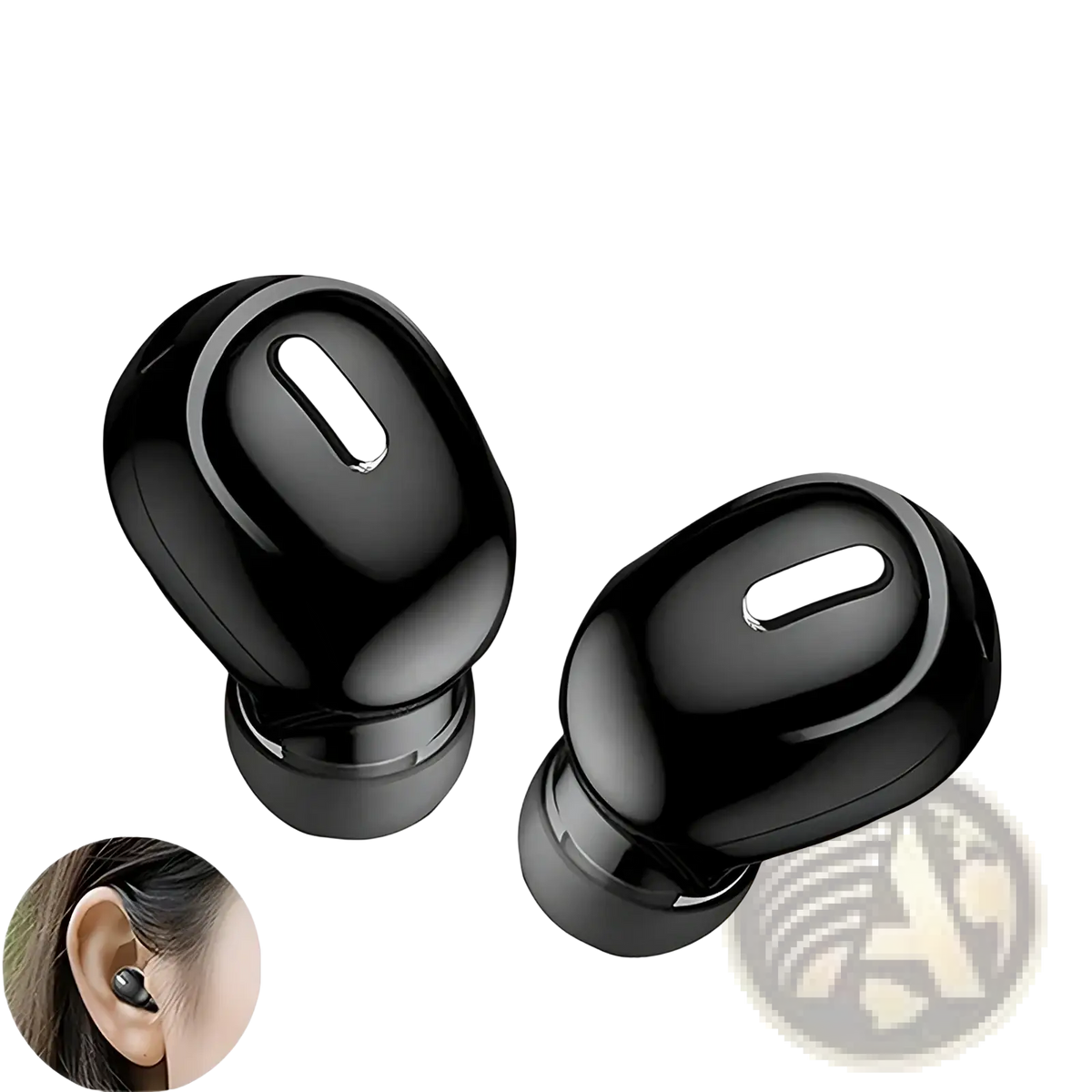 Black wireless bluetooth earbud with a sleek glossy finish and oval touch control button for sport use