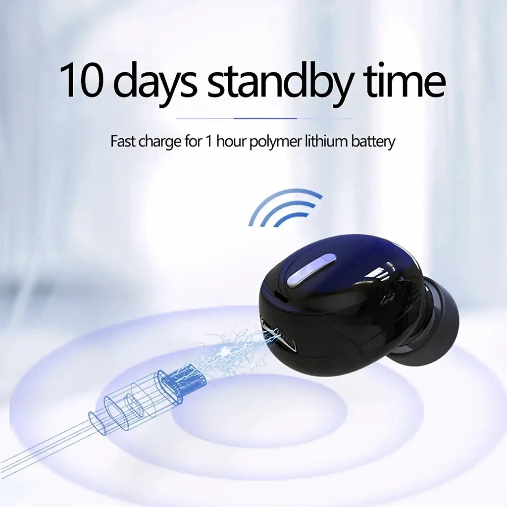 Black wireless bluetooth earbud single sport headset with glossy finish and subtle silver accent on the top