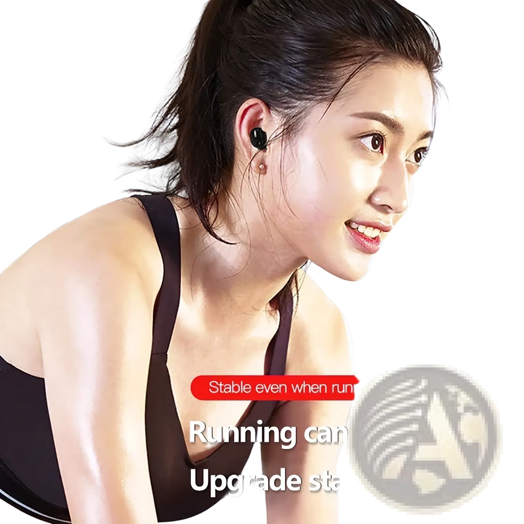 Black wireless bluetooth earbud single sport headset with sleek ergonomic design for secure fit during exercise