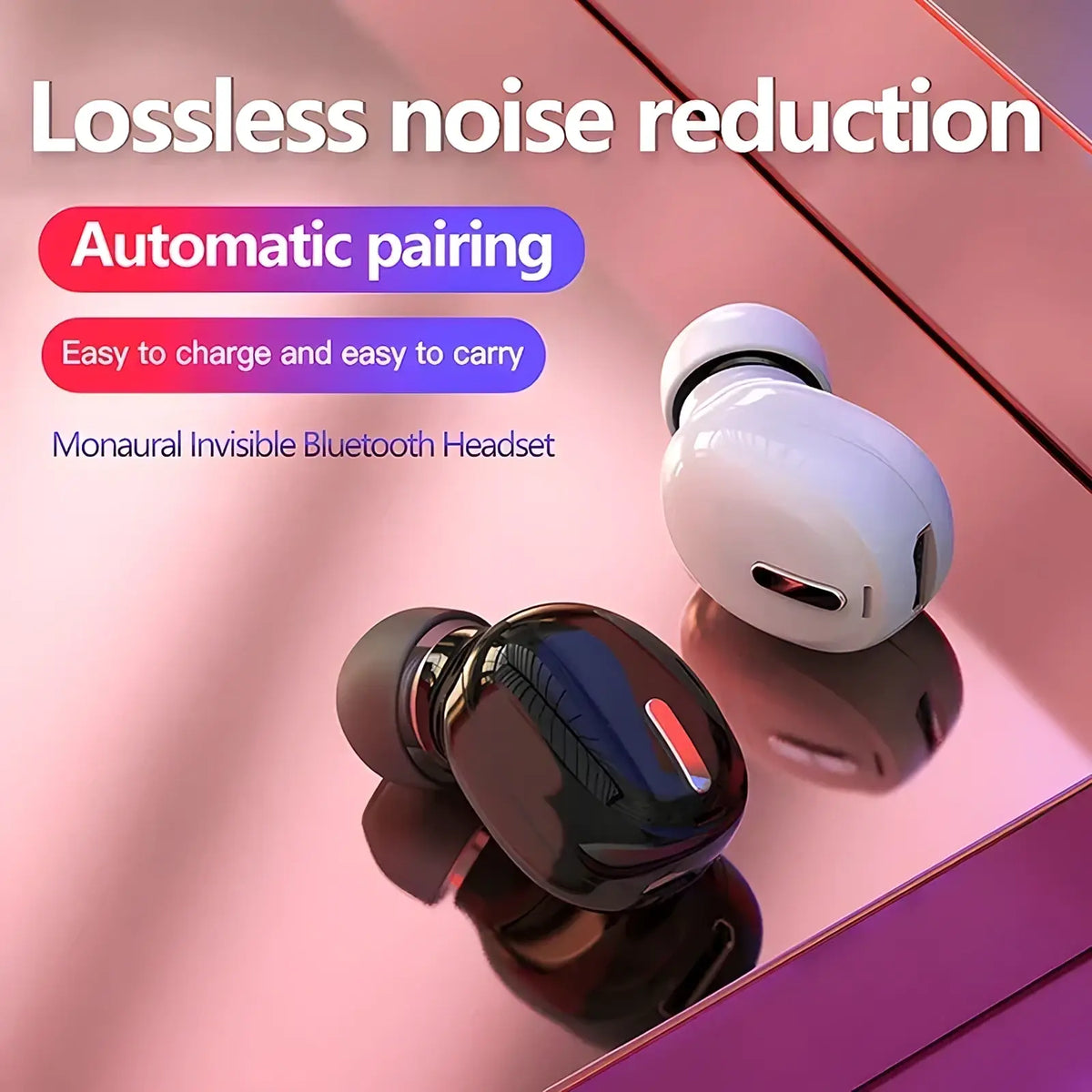 A sleek glossy black and white wireless bluetooth monaural sport headset with a minimalist invisible design