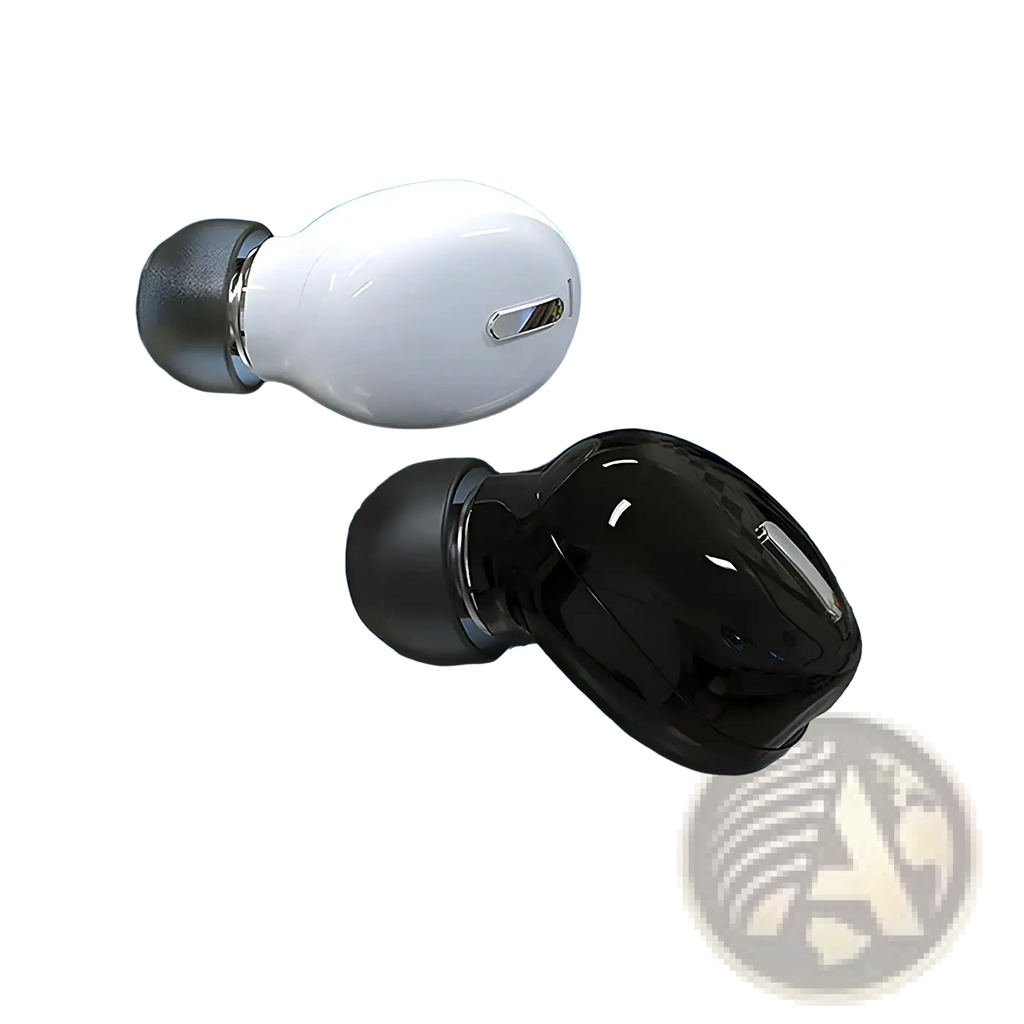 A sleek white and black wireless bluetooth earbud with metallic accent ring designed for sport use