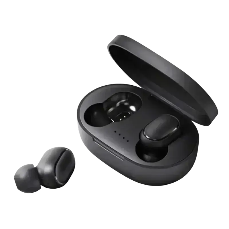 Black xiaomi mi true wireless earbuds in a sleek matte charging box with 280mah charging capacity