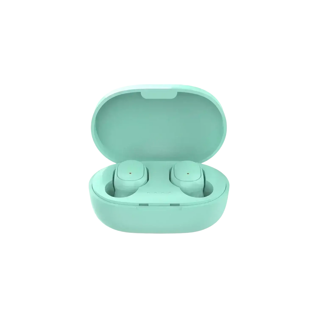 Mint green wireless bluetooth earbuds with matching 280mah charging box for portable charging and easy use