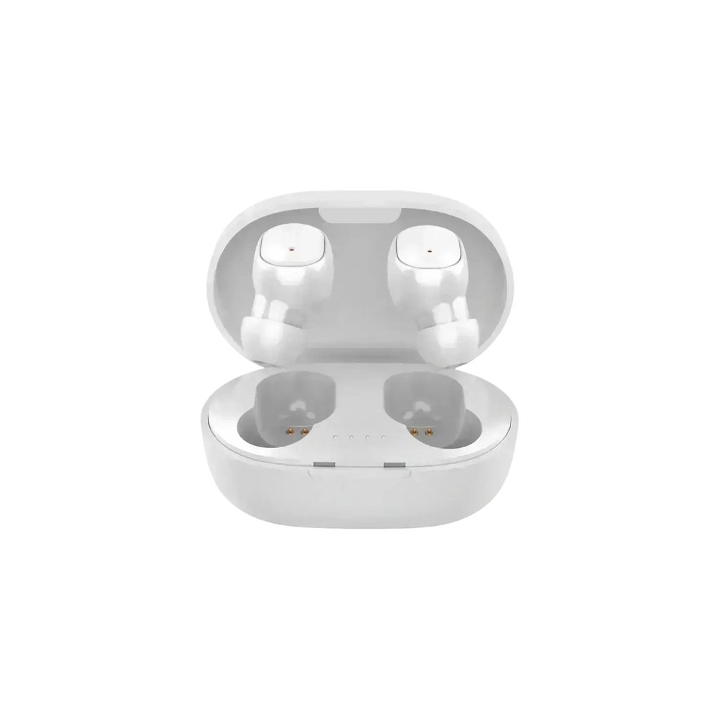 White wireless bluetooth earbuds in a sleek oval charging box with 280mah charging for extended use