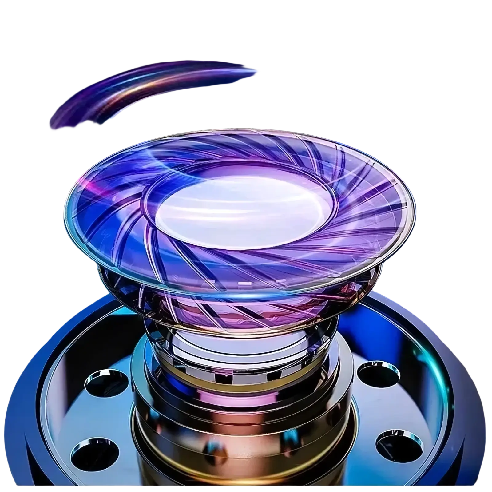 A sleek wireless bluetooth earbuds speaker driver with translucent purple blue gradient cone and metallic rings