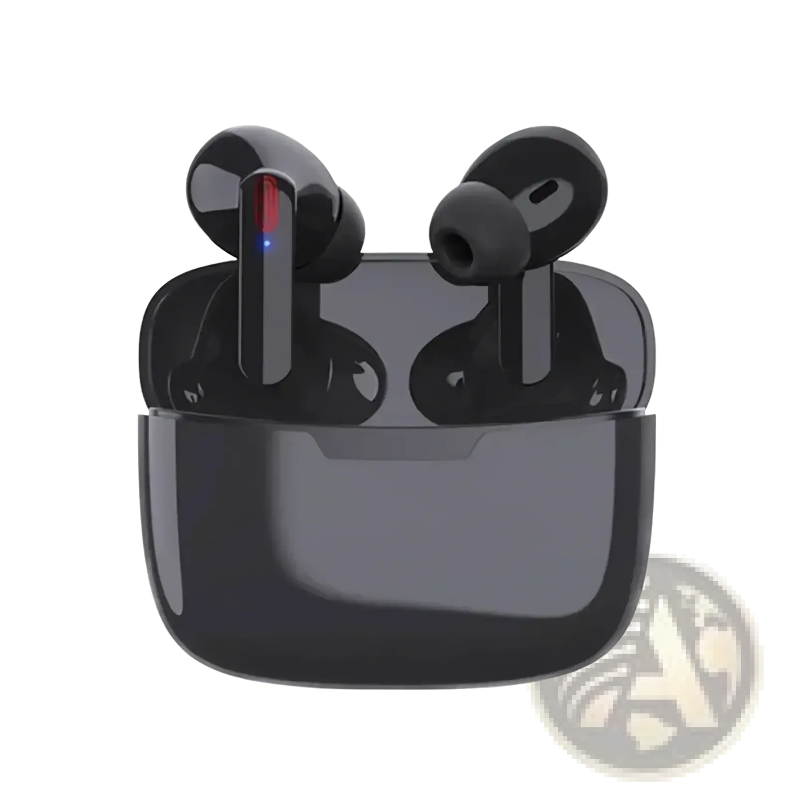 Black wireless bluetooth earbuds with active noise cancelling in glossy finish inside charging case with red blue lights