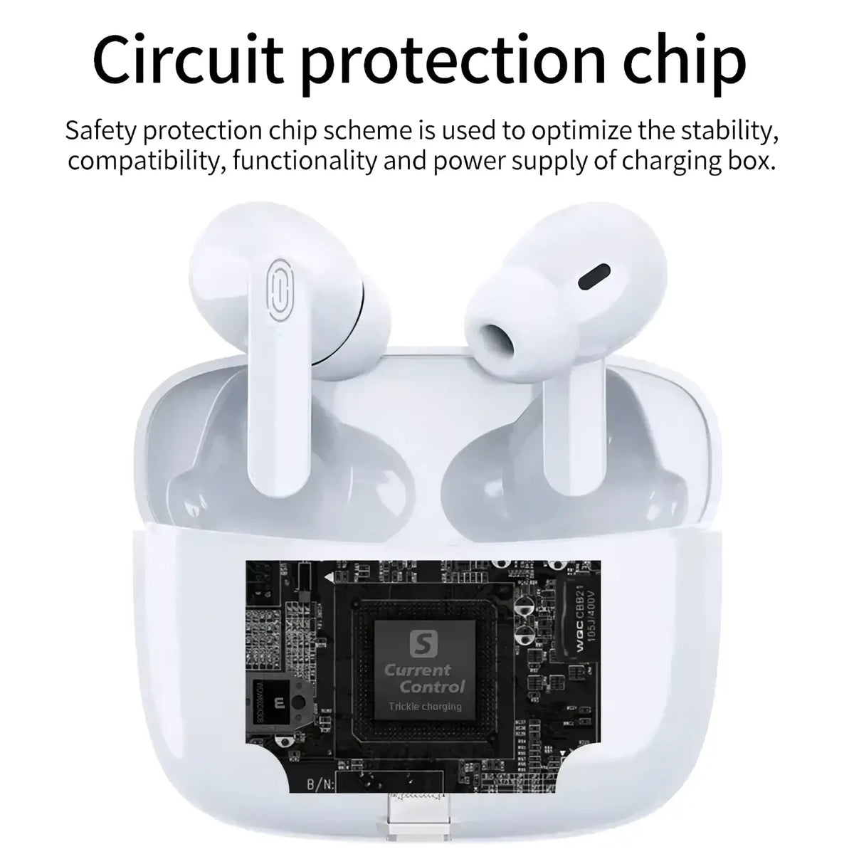 White wireless bluetooth earbuds with active noise cancelling in a matching case featuring integrated circuit protection chip