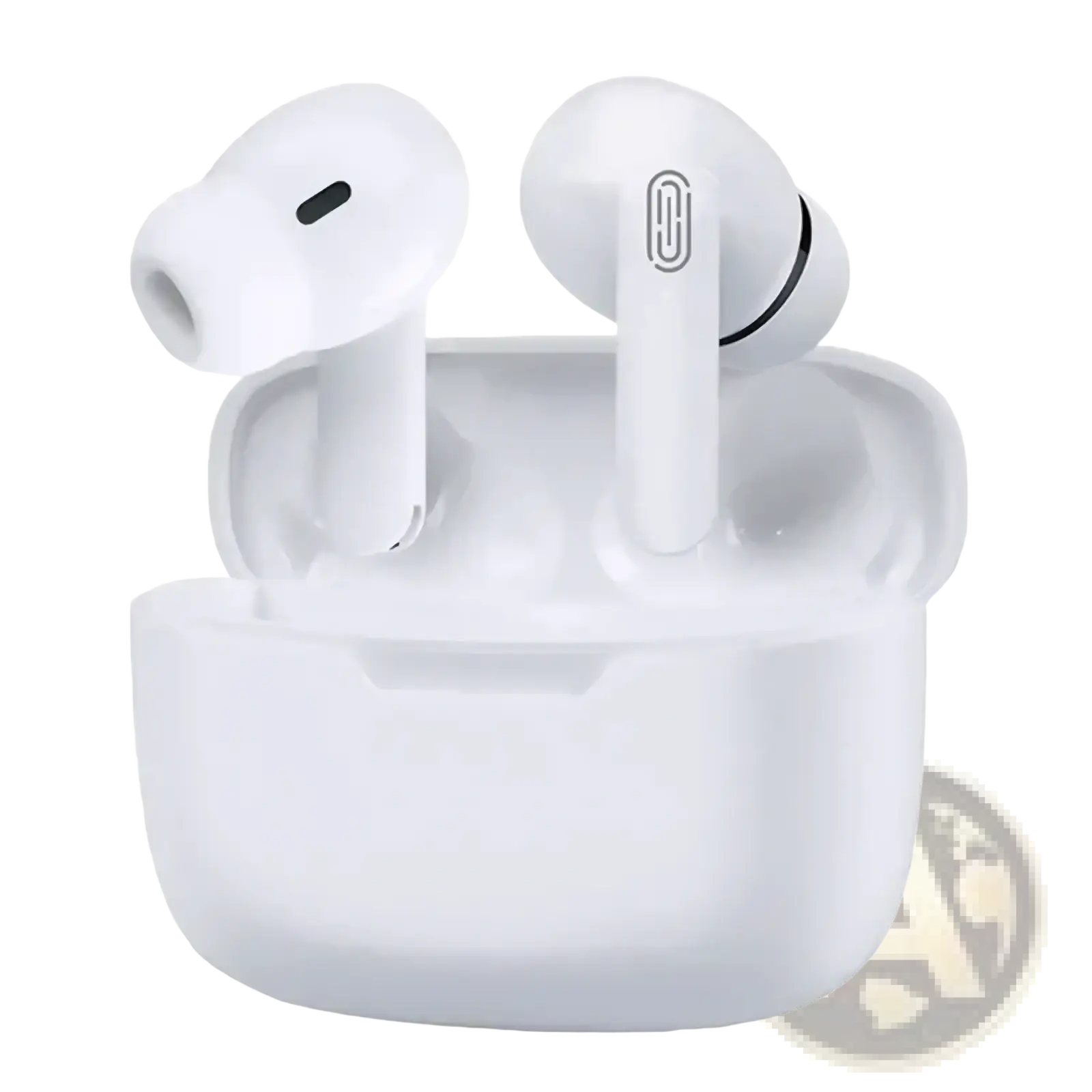 White wireless bluetooth earbuds with active noise cancelling feature and glossy finish in matching charging case