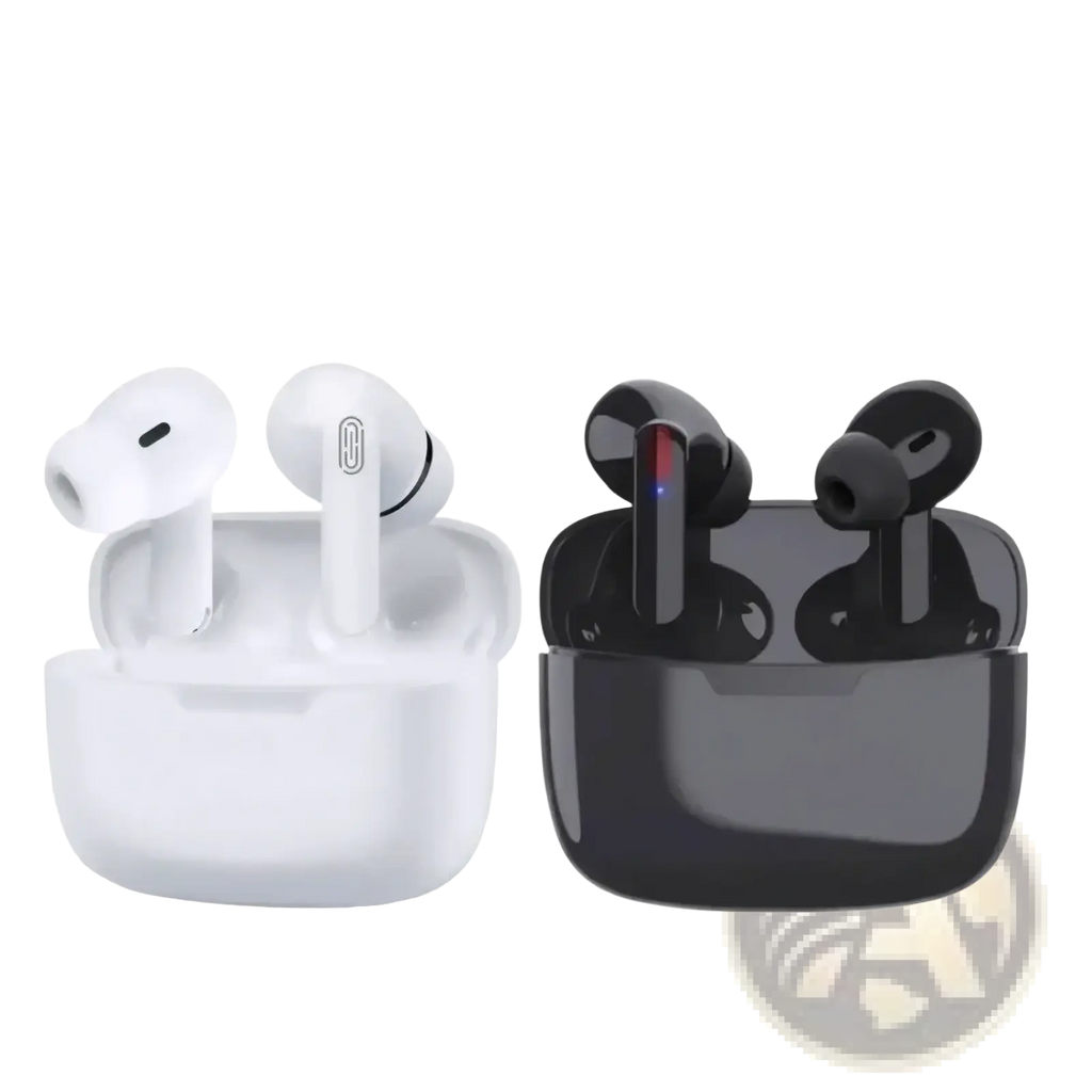 White and black wireless bluetooth earbuds in sleek glossy charging cases with active noise cancelling feature