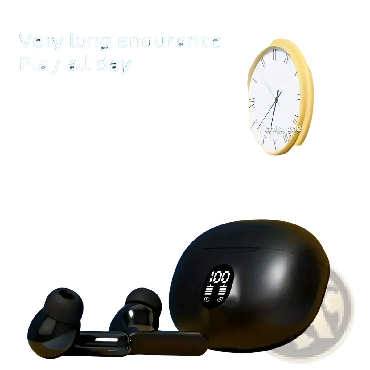 Black wireless bluetooth earbuds with matching glossy charging case featuring led digital display for sport use
