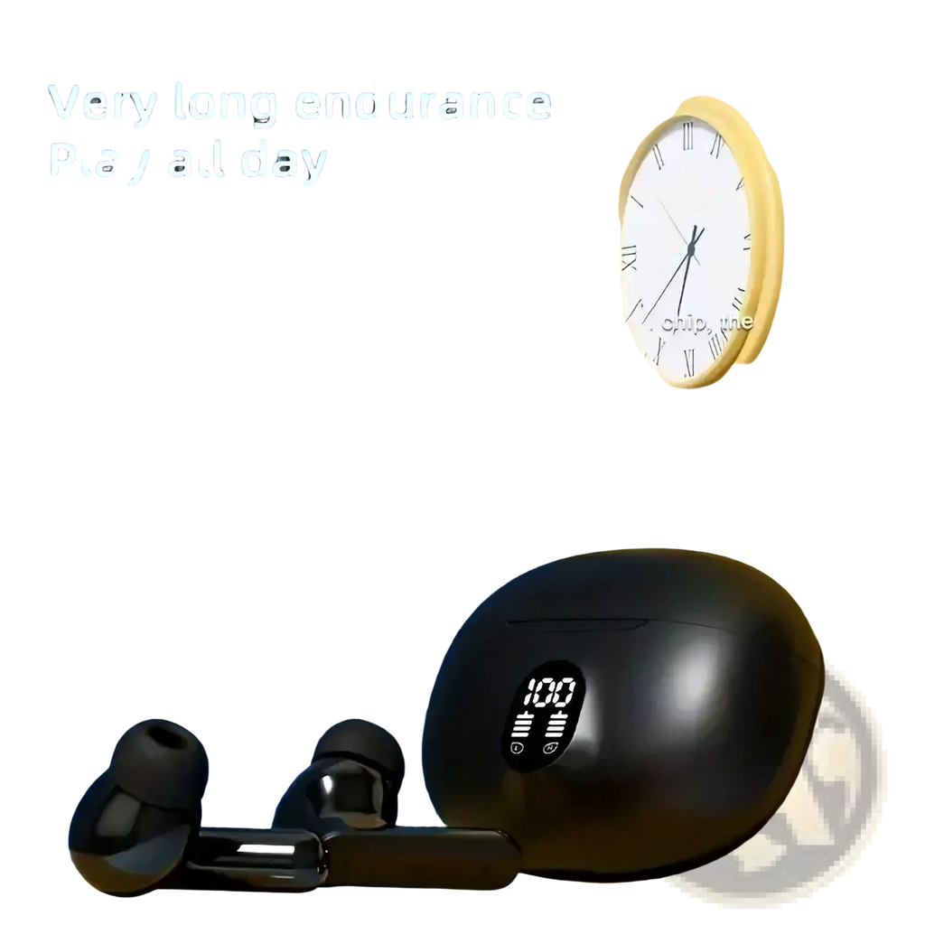 Black wireless bluetooth earbuds with matching glossy charging case featuring led digital display for sport use