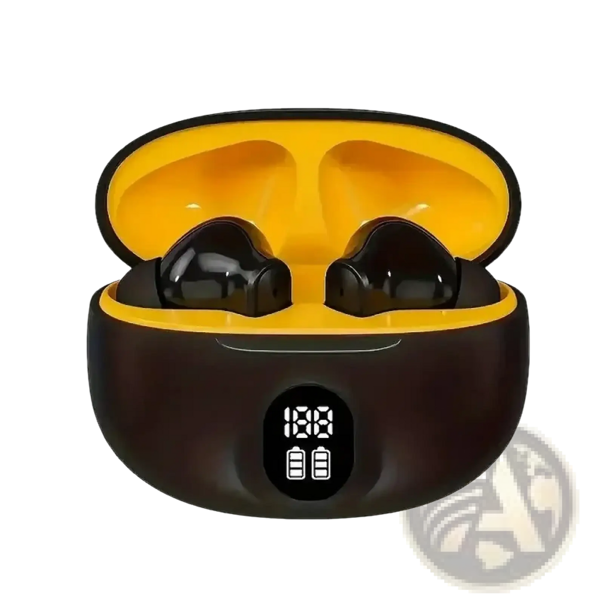 Black wireless bluetooth earbuds in a sleek glossy charging case with vibrant yellow lining and led battery display
