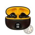 Black wireless bluetooth earbuds in a glossy black charging case with yellow lining and led battery display for sport use