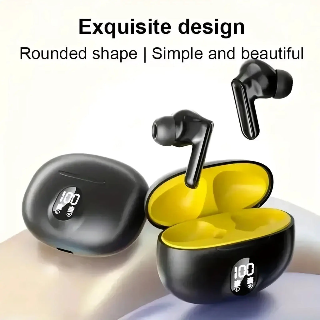 Black wireless bluetooth earbuds with sleek rounded design and vibrant yellow interior charging case for sport use